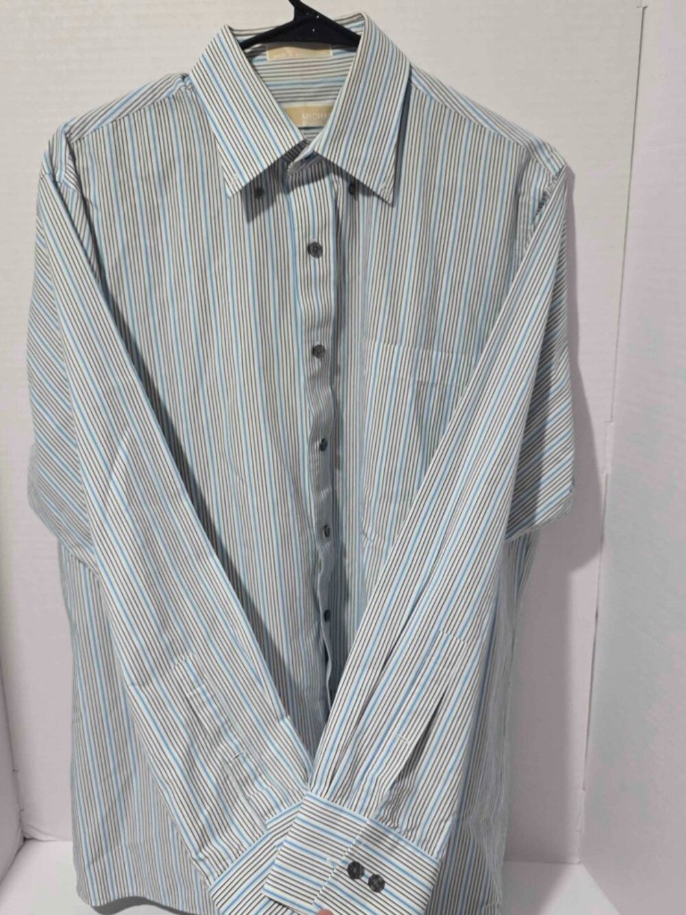 Michael Kors Men's Striped Dress Shirt White Blue Long Sleeve Size 16 L